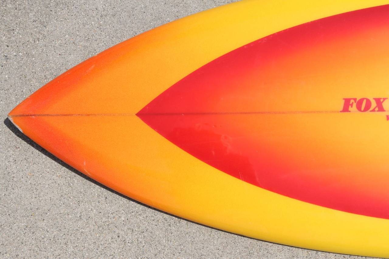 Mid-Century Modern Original Vintage Orange Yellow Airbrushed Fox Surfboard by John Parton 1970s For Sale