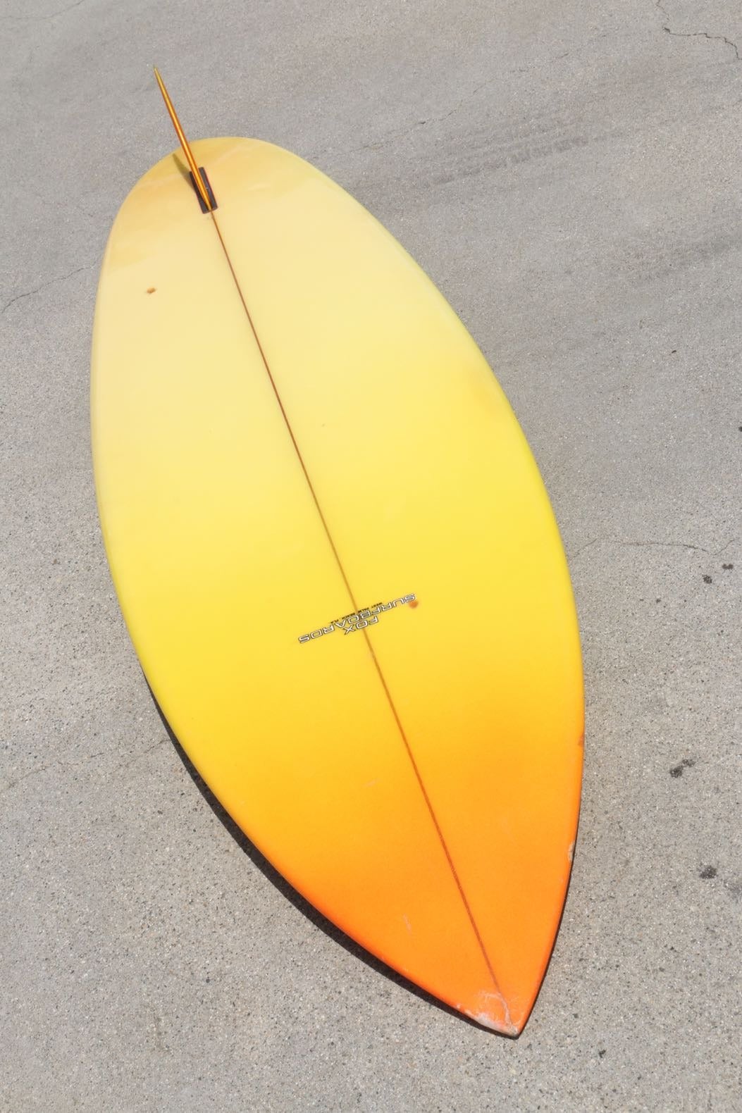 Foam Original Vintage Orange Yellow Airbrushed Fox Surfboard by John Parton 1970s For Sale