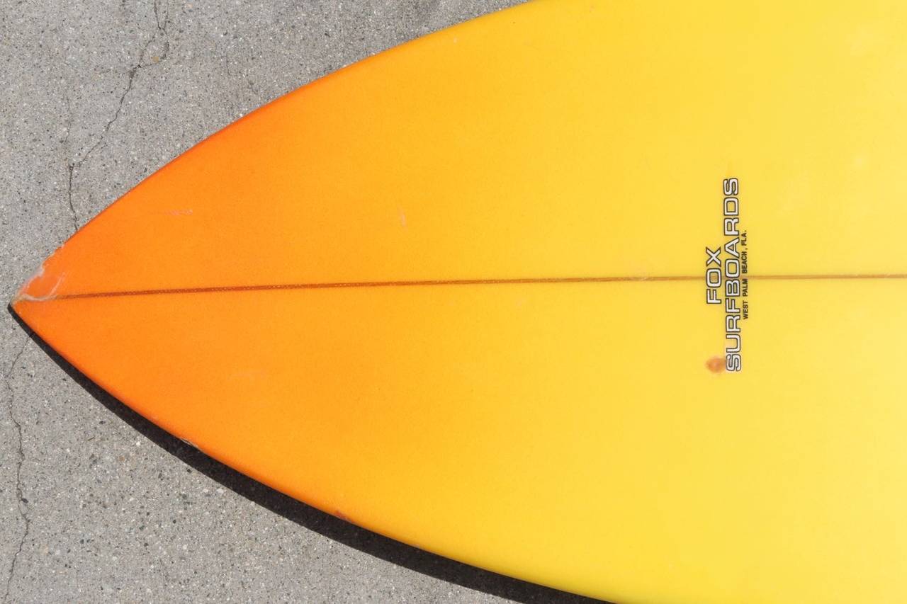 Original Vintage Orange Yellow Airbrushed Fox Surfboard by John Parton 1970s For Sale 1