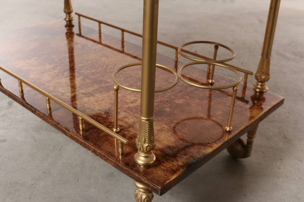 Original Aldo Tura Two-Tier Rolling Serving Cart, Brass and Lacquered Goatskin 2