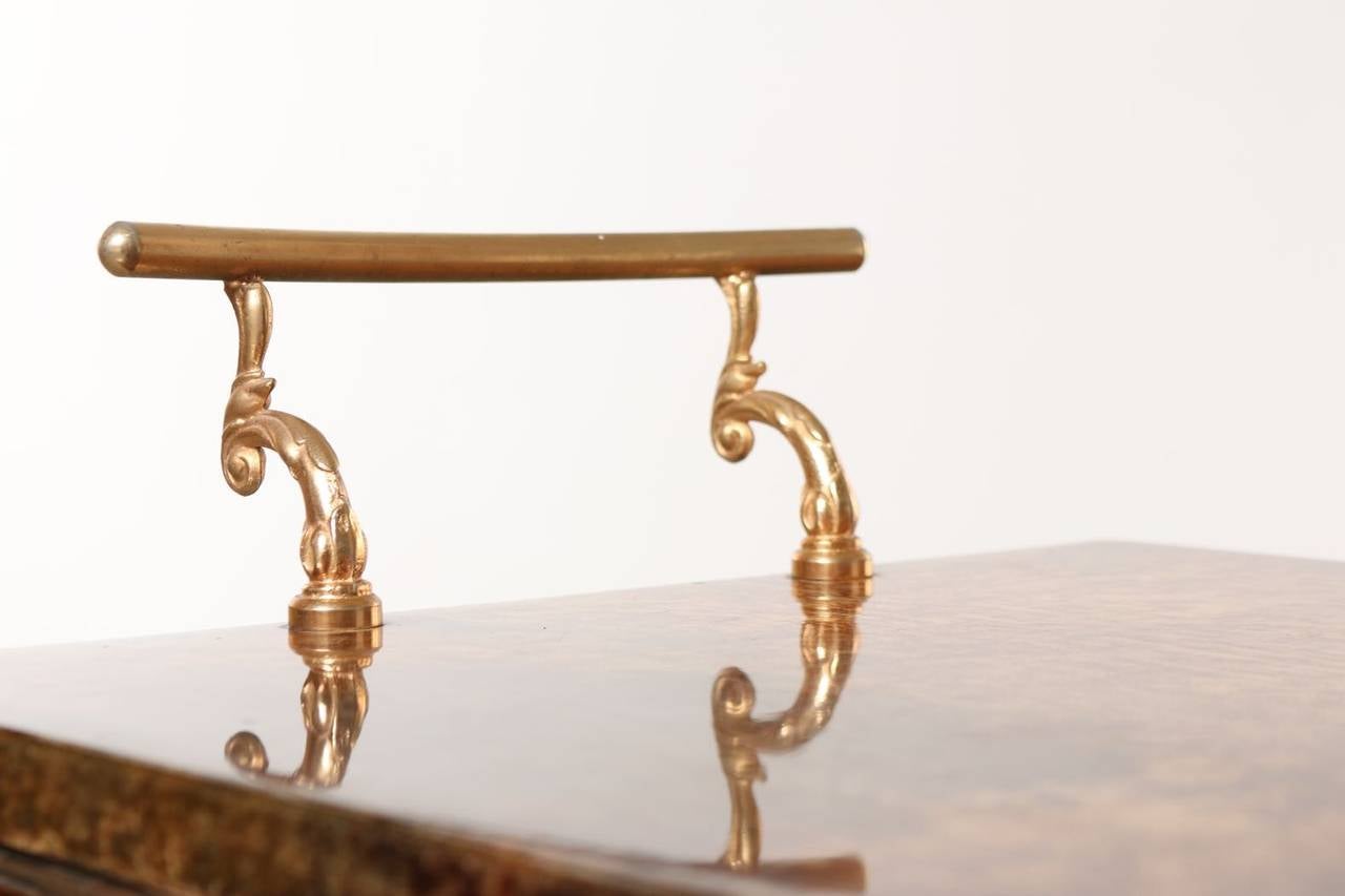 Mid-20th Century Original Aldo Tura Two-Tier Rolling Serving Cart, Brass and Lacquered Goatskin