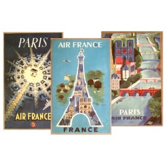 Vintage Air France 1940s Handbill Size Travel Posters, Set of 3, Original, Framed