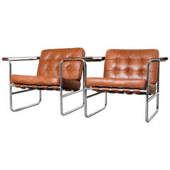 Pair of Leather and Chrome Lounge Chairs by Karl Thut for Stendig