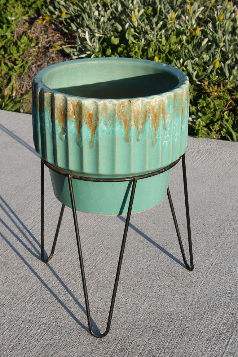 Mid-Century Modern Robinson Ransbottom Planter with Wrought Iron Plant Stand