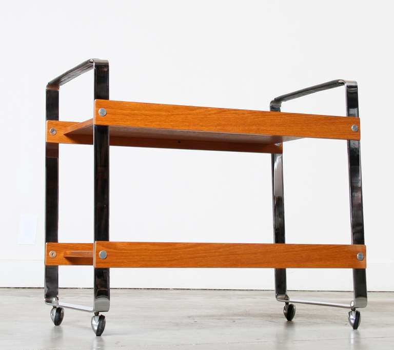 Scandinavian Modern Chrome, Teak and Leather Bar Cart