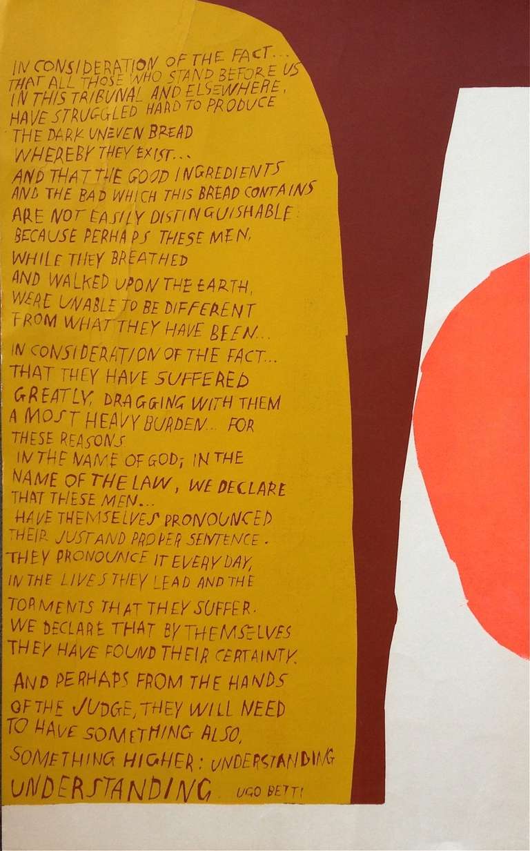 Vibrant 1960's screen print by Sister Mary Corita (1918 -1986). Screenprint colors are still vibrant colors of fushia, mustard-orange, and brown.  A heartfelt quote by Italian playwright Ugo Betti flanks one side. Measuring 35