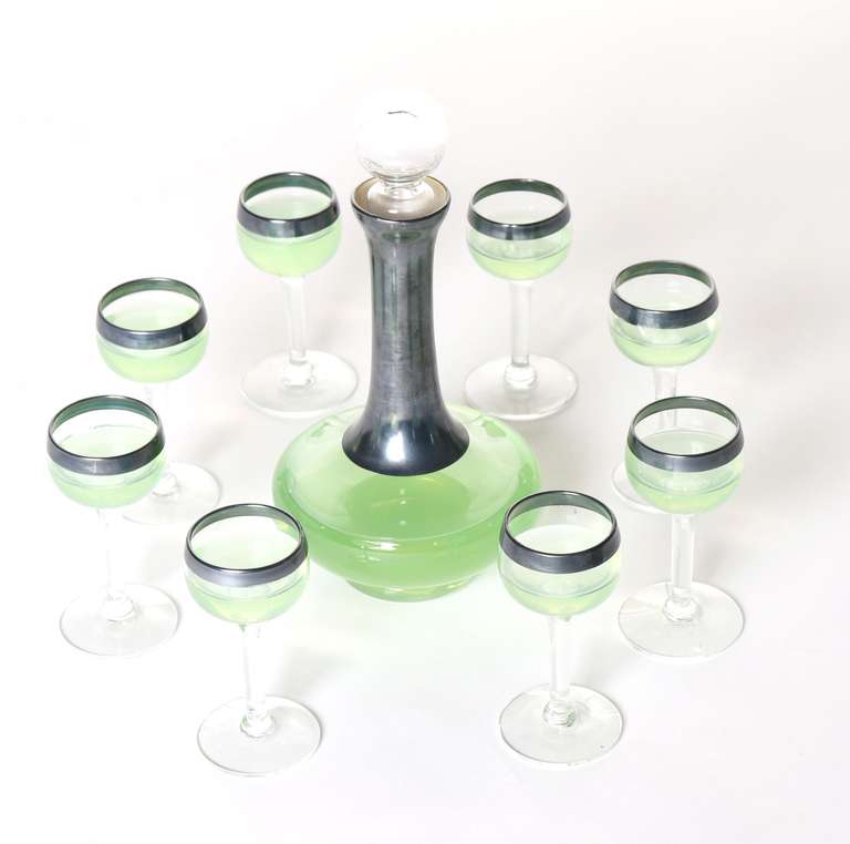Mid-20th Century Absinthe Decanter and 8 Glass Set