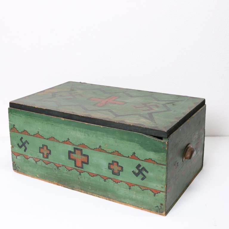 American 1920's Navajo Hand Painted Trunk or Box with Whirling Logs