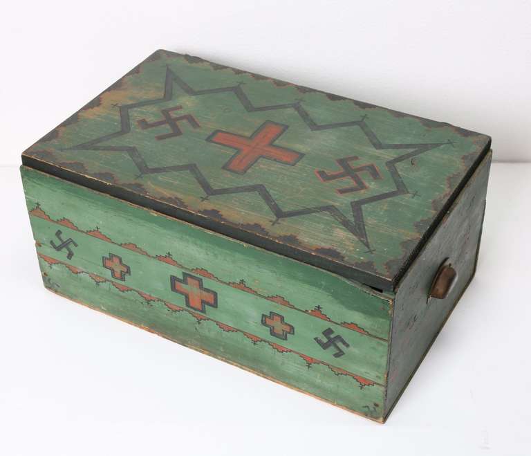 Pre- 1930s painted box. Made with A. E. Staley 50 lb. starch box.
Hand painted in Native American Navajo motif.