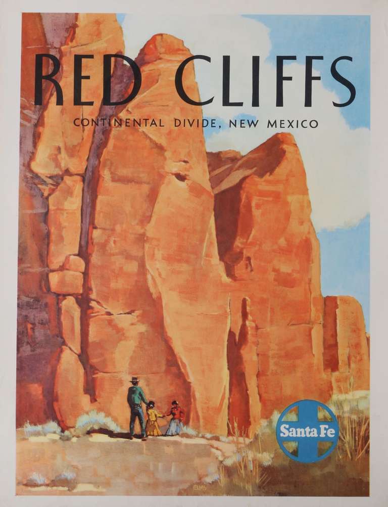 Strong graphics and the subtle yet striking use of color capture iconic romance of South West travel destinations in these striking original vintage posters. Created in the 1940s and early 1950s as railway promotional items by the Santa Fe Railway