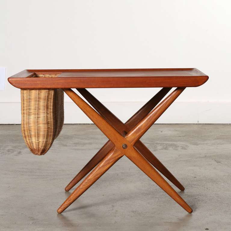 Teak Side Table with Woven Magazine Basket, 1960, Norway 1