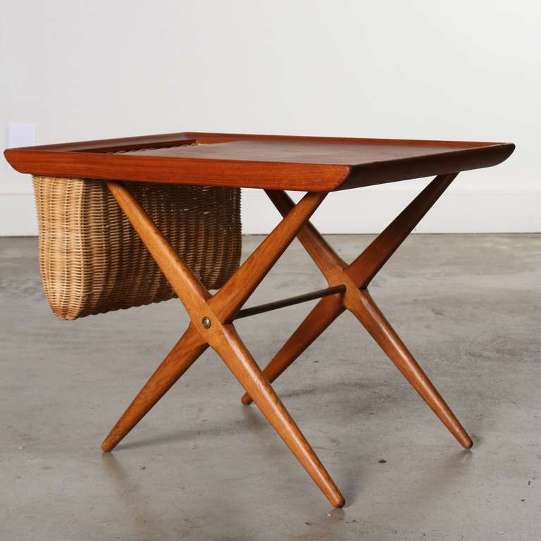 Mid-20th Century Teak Side Table with Woven Magazine Basket, 1960, Norway