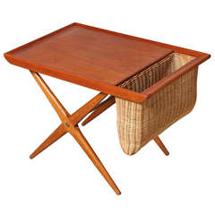 Vintage Teak Side Table with Woven Magazine Basket, 1960, Norway