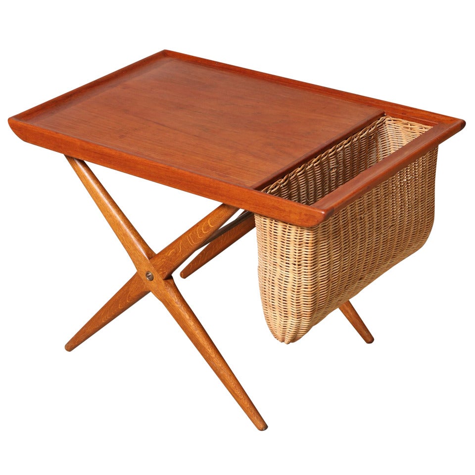 Teak Side Table with Woven Magazine Basket, 1960, Norway