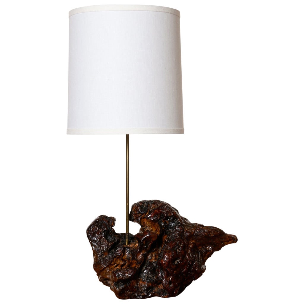 Burl Wood Table Lamp with Shade, California, 1960s For Sale