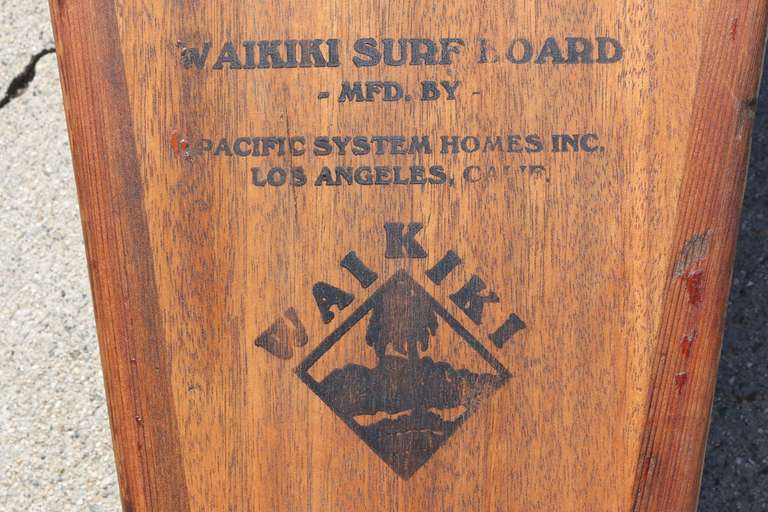 Pacific System Homes Waikiki Paddleboard Solid Wood Surfboard, Original 1930s For Sale 2