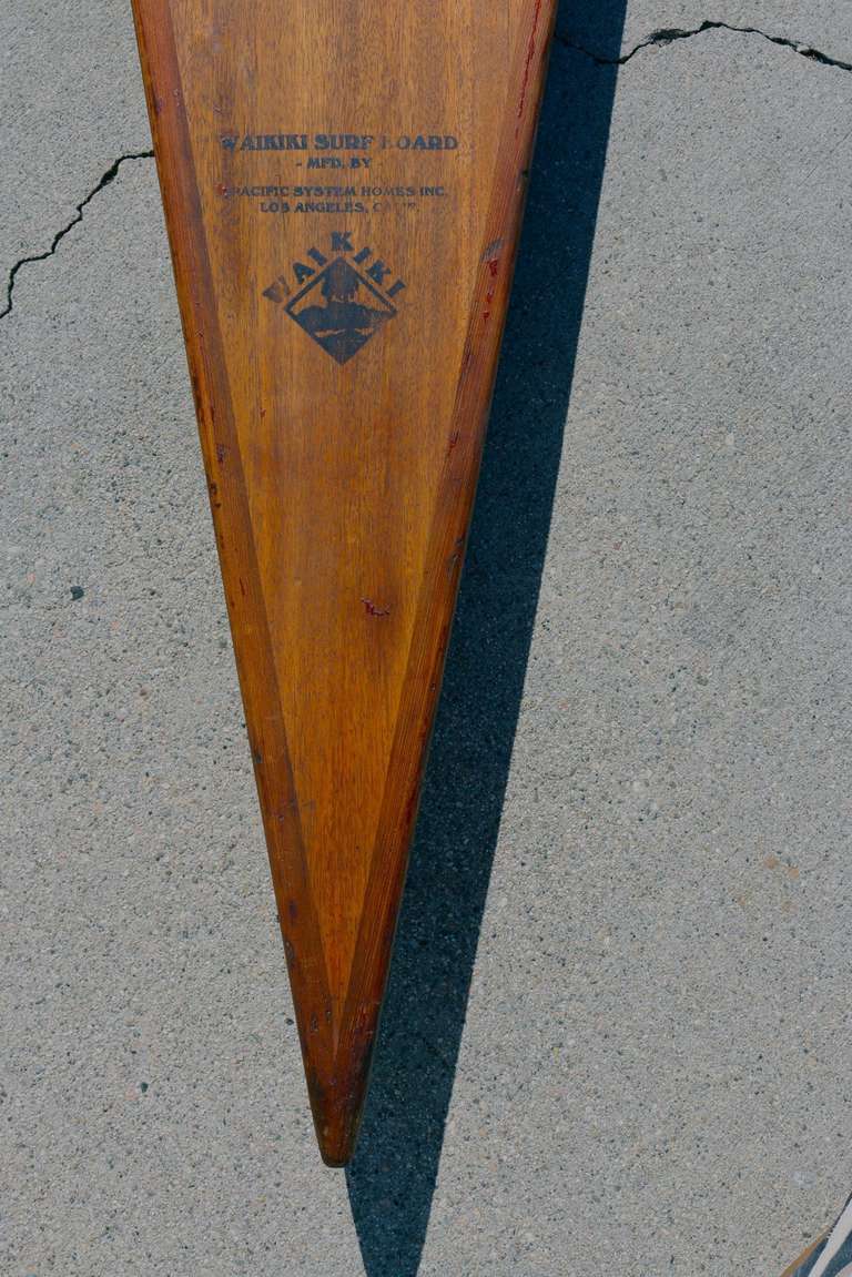 Pacific System Homes Waikiki Paddleboard Solid Wood Surfboard, Original 1930s For Sale 3