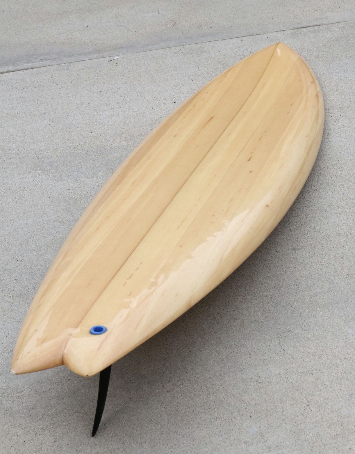 This all original, 1970s, 7' 3 inches; faux balsa wood surfboard is a rare specimen. Quality execution, an eye for design, technology and a desire for 1970s short board performance were combined with the rarity of balsa wood pigmented fiberglass in