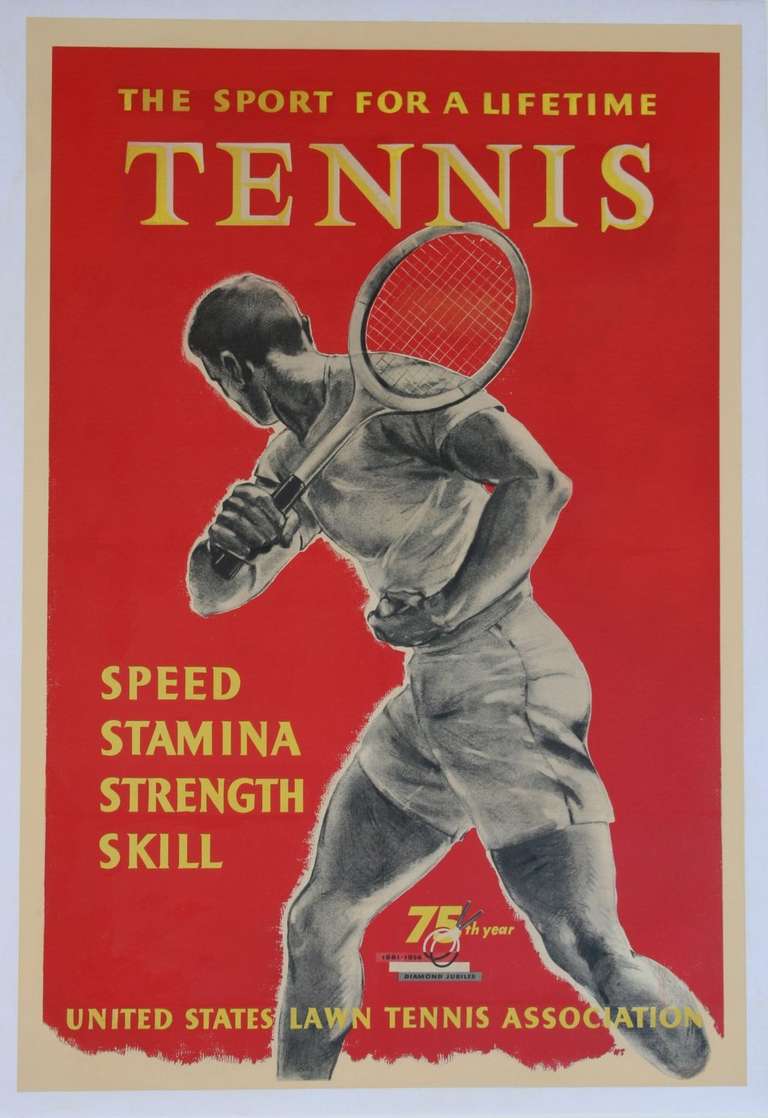 A rare piece of Sporting Art.  This poster, commemorating the Diamond Jubilee (75 Years 1881- 1956) of the United States Lawn Tennis Association is an extremely rare tennis collectible.  It is quite possibly the only example outside of private or
