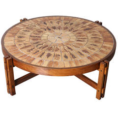 Roger Capron Round Coffee Table, Pressed Leaves in Ceramic Tile Top