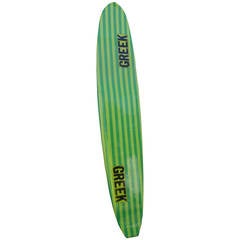 Vintage Original Green Striped "Greek" Eliminator Long board Surfboard by Bob Bolan 1977