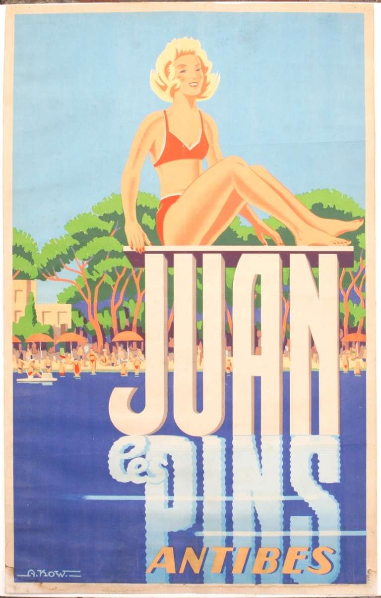 Juan le Pins Antibes Original Vintage Poster, French Travel Advertising, 1940s In Good Condition For Sale In Los Angeles, CA