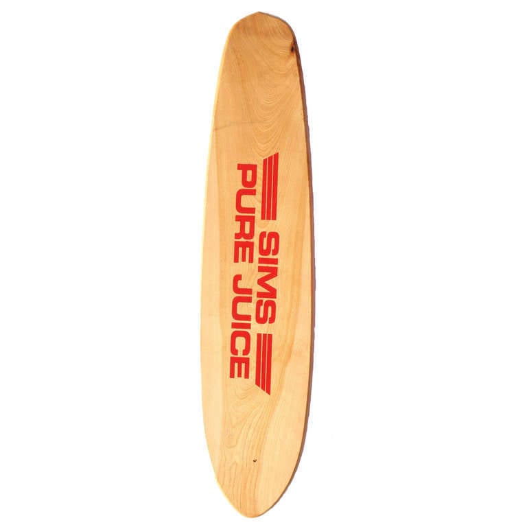 Sims Skateboard Deck Autographed by Skateboarding Legends 1970s. 
This 1970s Sims Pure Juice Skateboard Deck has never been skated on.  Great for display, it has been signed by some of the original legends of skateboarding: Brad Dorfman, Dave