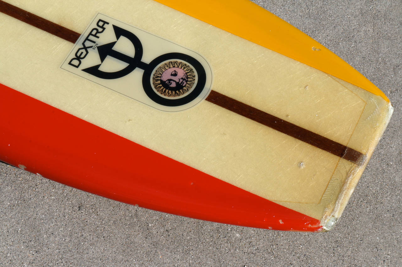 American Clear Yellow Red Vintage Dextra Belly Board, California Surfboard Circa 1960s For Sale