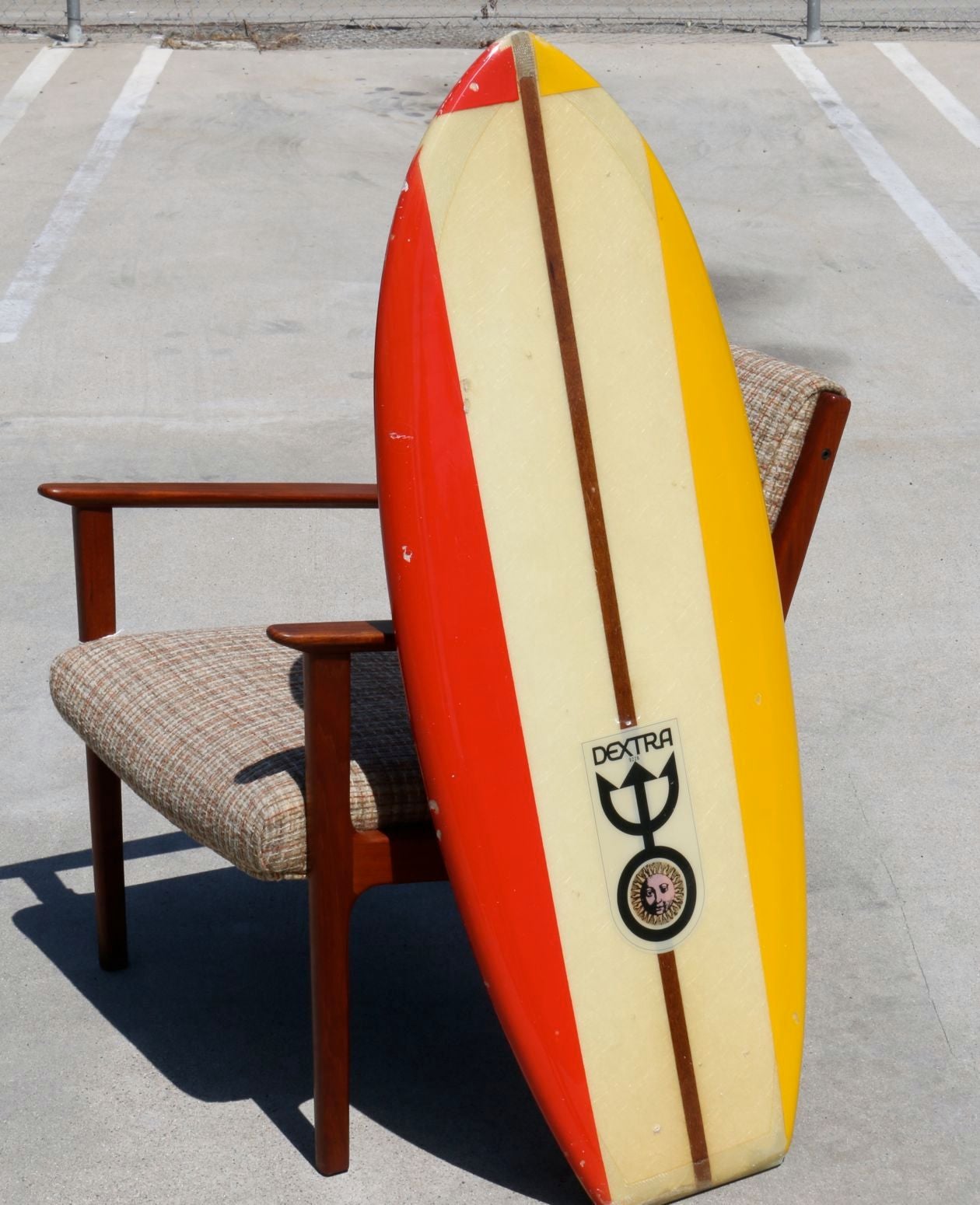 Mid-20th Century Clear Yellow Red Vintage Dextra Belly Board, California Surfboard Circa 1960s For Sale