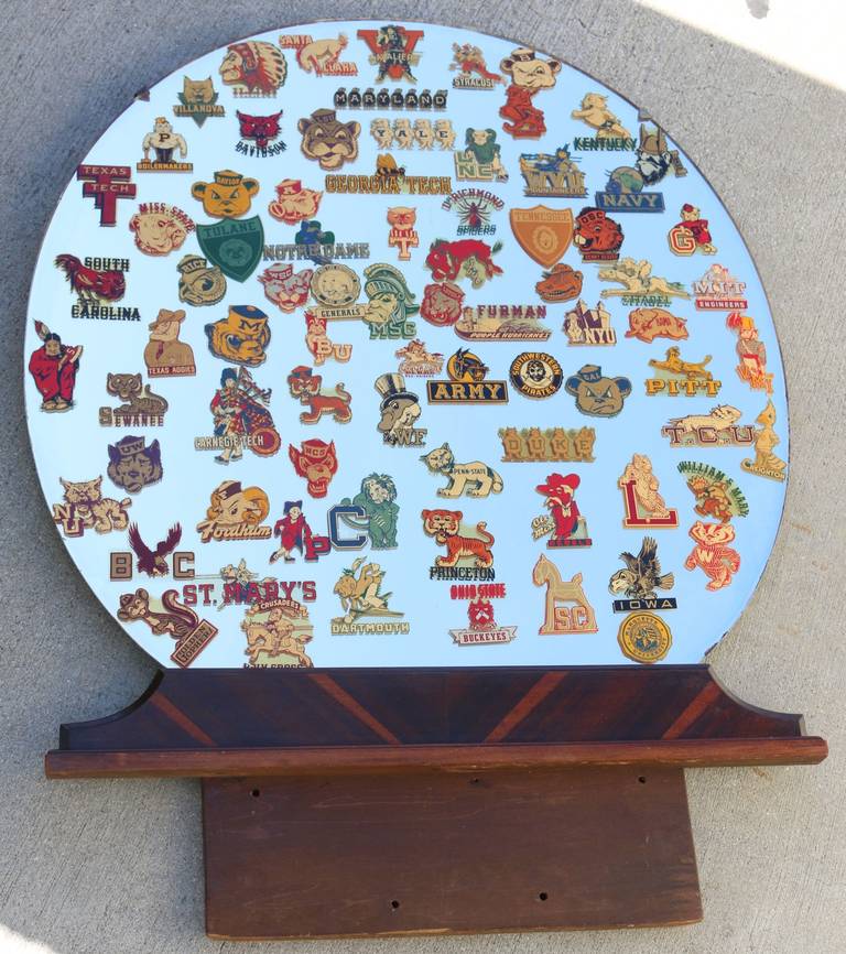 American Mirror Decorated with All Original Water Transfer College Football Decals, 1930s