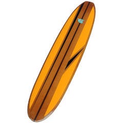 Retro Gold Yellow Striped Titan Longboard Surfboard, All Original Circa 1960s