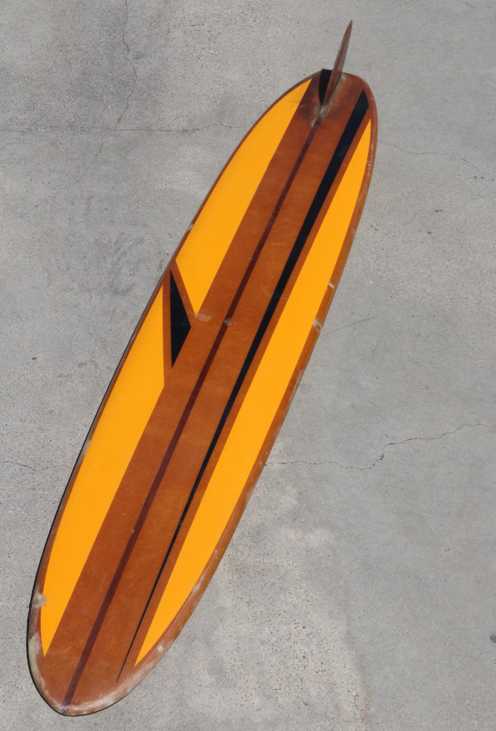 Mid-Century Modern Gold Yellow Striped Titan Longboard Surfboard, All Original Circa 1960s