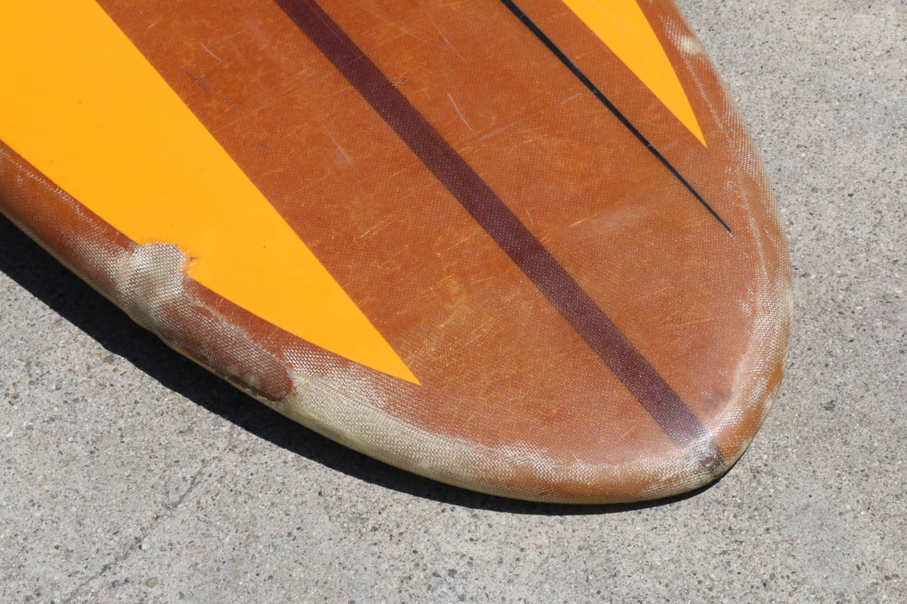 Fiberglass Gold Yellow Striped Titan Longboard Surfboard, All Original Circa 1960s