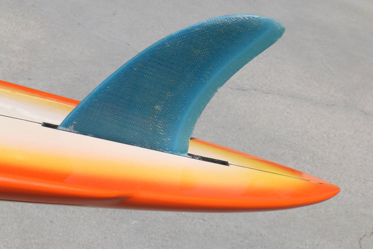 Late 20th Century Orange Terry Martin Shaped George Lopez Lightning Bolt Pintail Surfboard 1970s