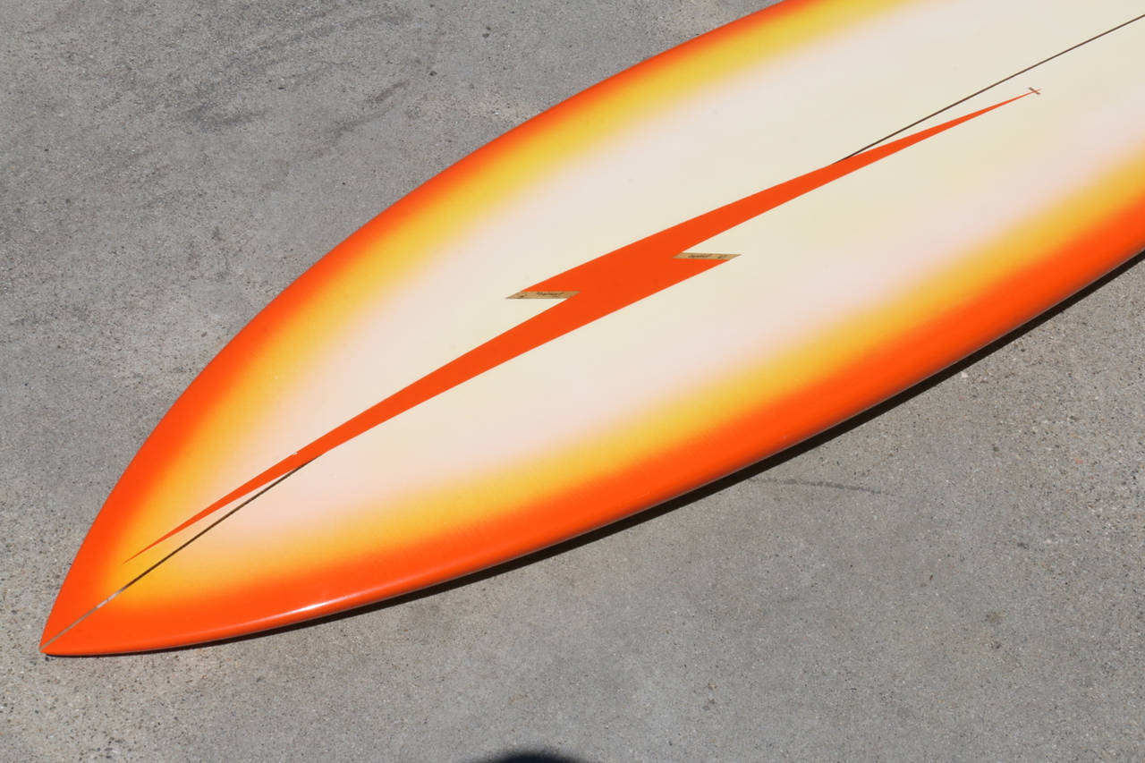 Fiberglass Orange Terry Martin Shaped George Lopez Lightning Bolt Pintail Surfboard 1970s