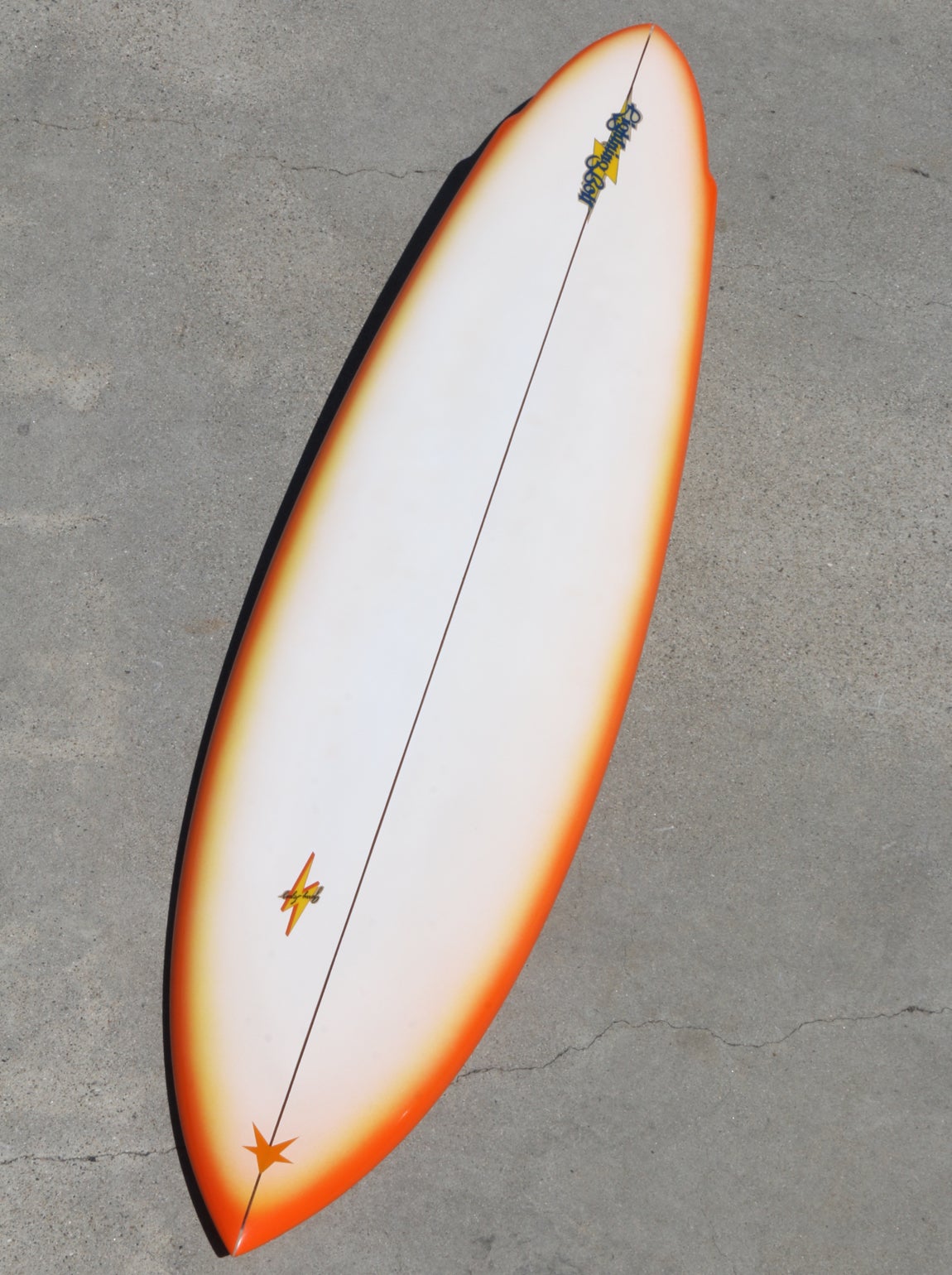Mid-Century Modern Orange Terry Martin Shaped George Lopez Lightning Bolt Pintail Surfboard 1970s