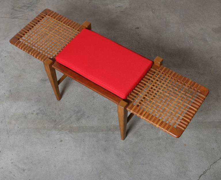 American Mid-Century Wood and Cane Bench, 1950s