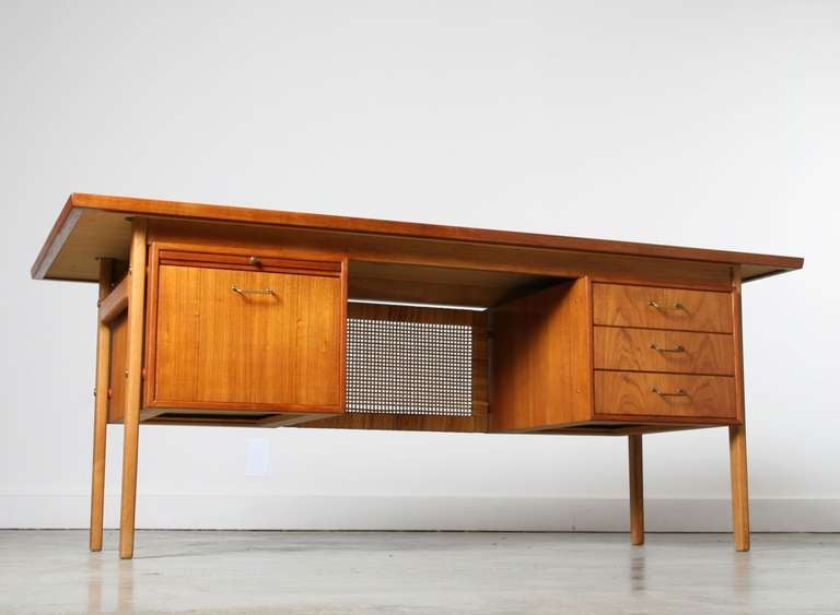 Torben Strandgaard Danish Modern Teak and Cane Partners Desk In Good Condition In Los Angeles, CA