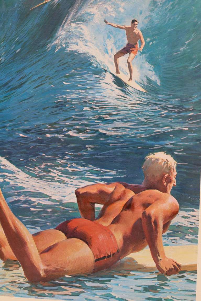One of the most sought after of all the Hawaii Travel Tourism Posters. Circulated for a short period during the 1950's: glamor days of Hawaiian Island travel promotion.  

The artist's impression of three guys surfing a giant wave while another