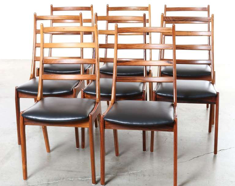 Scandinavian Modern Set of 8 Rosewood & Leather Dining Chairs, Kai Kristiansen, Denmark