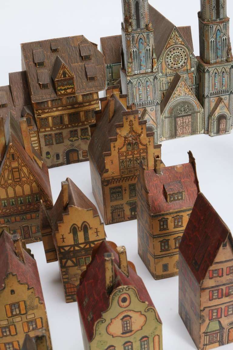 Rare Antique Toy Paper House Village, Lithograph Paper In Good Condition In Los Angeles, CA