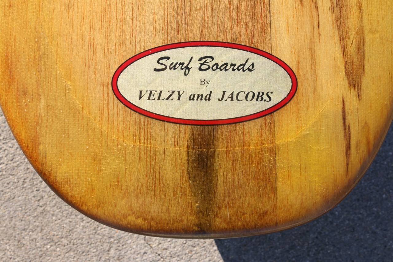RARE Fully Restored Velzy and Jacobs Balsa Wood Gun Surfboard, Mid-1950s In Good Condition In Los Angeles, CA