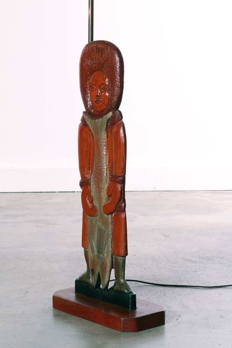 Mid-20th Century Inuit Carved Wood Folk Art Lamp circa 1950s