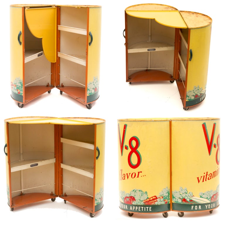 Fun, Fun, Fun.  When was the last time you saw one of these?  Us neither!<br />
<br />
Closed it looks like a giant 1940's V8 juice can.  Open it doubles as a serving bar.  It's on wheels so it's portable.  Inside are 5 shelves for easy storage of