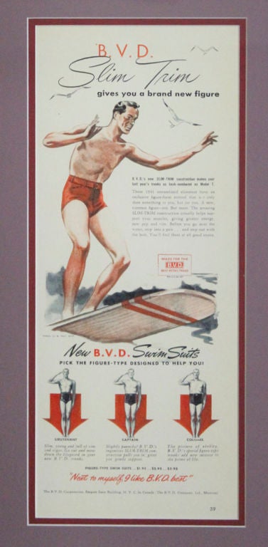 Framed Vintage Swimsuit and Advertising Card, 1940s BVD
This framed set features a rare BVD Slim Trim swimsuit in excellent mint condition and the matching promotion. The garment is made of wool, it is burgundy with a beige and grey cable design