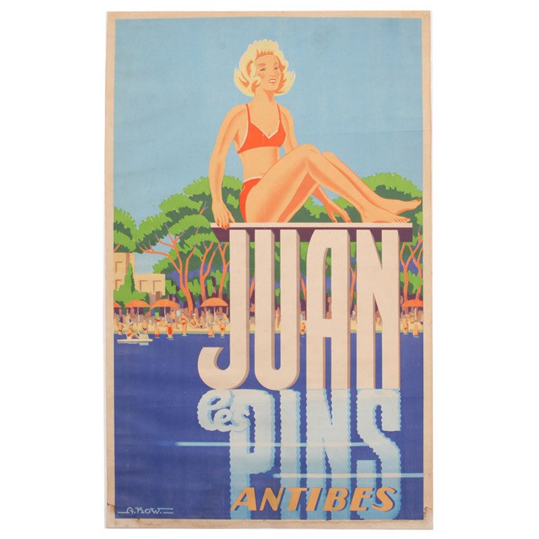 Juan le Pins Antibes Original Vintage Poster, French Travel Advertising, 1940s For Sale