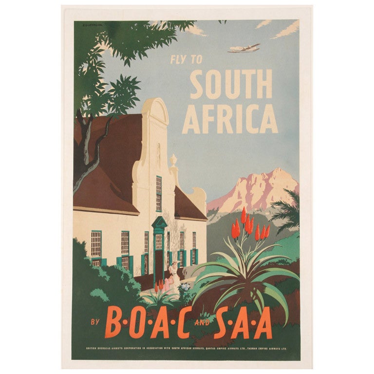 Original 1940s BOAC South Africa Airline Travel Poster