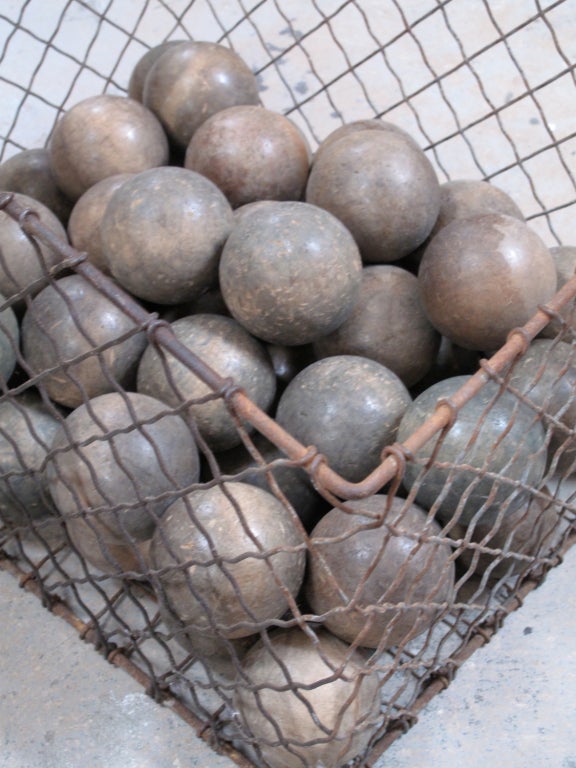 French 53 Vintage Wooden Bocce Balls in Original Wire Basket