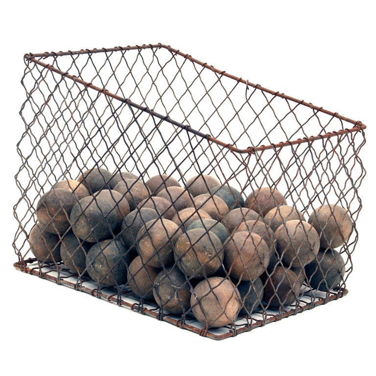 53 Vintage Wooden Bocce Balls in Original Wire Basket