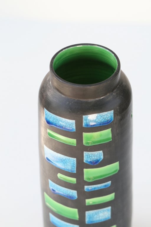 Glazed RAYMOR VASE, Mid-Century Italian Design, Blue, Green and Matte Black For Sale